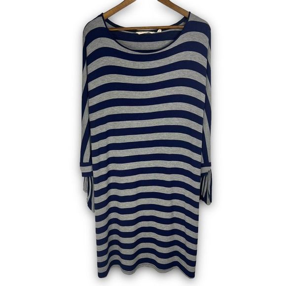 Soft Surroundings Gray Blue Striped Adrift‎ Knit Tie Cuffs Shift Dress Medium - Picture 1 of 13